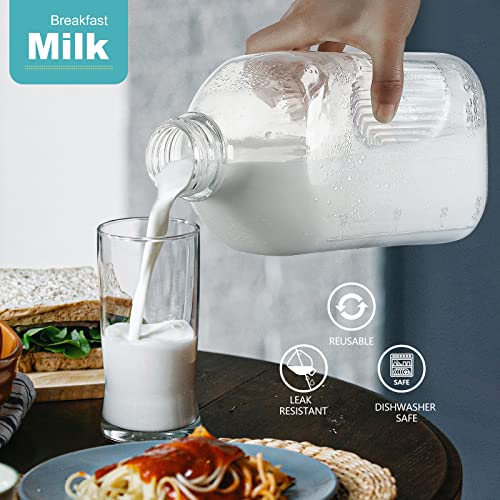 4 Pack 64 Oz Heavy Duty Glass Milk Bottle with Reusable Airtight SCREW LID, 2 Qt Glass Water Bottle with 2 Exact Scale Lines - Glass Milk Jug Pitcher - 1/2 Gal Juice Bottles(Extra 2 Lid AND 6 Handle)