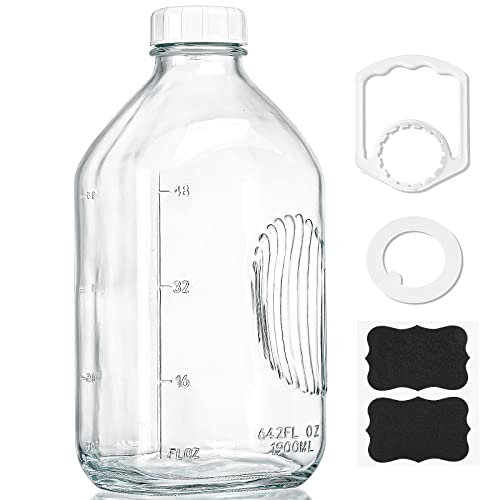 64 Oz Heavy Duty Glass Milk Bottle with Reusable Airtight Strong SCREW LID - 1/2 Gal Glass Water Bottles with 2 Exact Scale Lines - 2 Qt Glass Milk Jug Pitcher - Extra Free Silicone Ring & Handle!