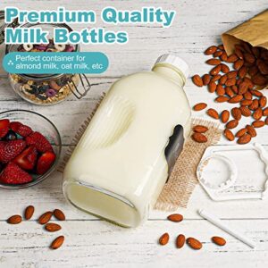 64 Oz Heavy Duty Glass Milk Bottle with Reusable Airtight Strong SCREW LID - 1/2 Gal Glass Water Bottles with 2 Exact Scale Lines - 2 Qt Glass Milk Jug Pitcher - Extra Free Silicone Ring & Handle!