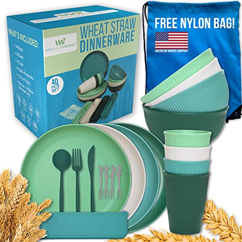 Wheat straw Dinnerware Set 40 Piece - Lightweight, Eco-Friendly, plastic dinnerware set, Microwave Dishwasher Safe Unbreakable Plates, Bowls, Cups, Camping, Kitchen, RV