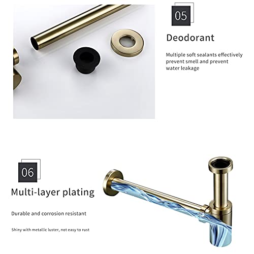 LMMDDP Brushed Gold Brass Euro Basin Bottle Plumbing Wash Pipe Waste Bathroom Sink Trap Style Siphon (Color : Brushed gold)