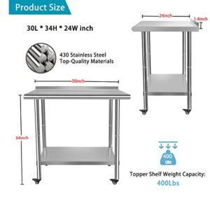 Lafati Stainless Steel Food Prep Table - 24x30 Commercial Work Table Heavy Duty with Casters, Backsplash, Adjustable Undershelf for Restaurant, Kitchen, Hotel, Warehouse (24 * 30 * 34)