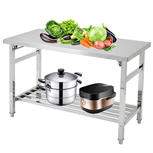 Fashionwu Stainless Steel Table, 24 x 47 Inches Folding Heavy Duty Table for Kitchen, Commercial Stainless Steel Prep Table with Adjustable Undershelf, for Restaurant, Home and Hotel