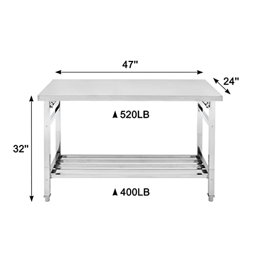 Fashionwu Stainless Steel Table, 24 x 47 Inches Folding Heavy Duty Table for Kitchen, Commercial Stainless Steel Prep Table with Adjustable Undershelf, for Restaurant, Home and Hotel