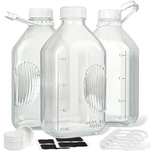 3 pack 2 qt glass milk bottles with airtight reusable screw lid - 64 oz glass juice bottles, 1/2 gal glass water bottles, glass milk jug pitcher with 2 exact scale line, extra free 3 lid and 6 handle!