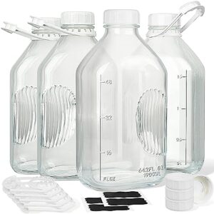 4 pack 2 qt glass milk bottles with airtight reusable screw lid - 64 oz glass juice bottles, 1/2 gal glass water bottles, glass milk jug pitcher with 2 exact scale line, extra free 4 lid and 8 handle!