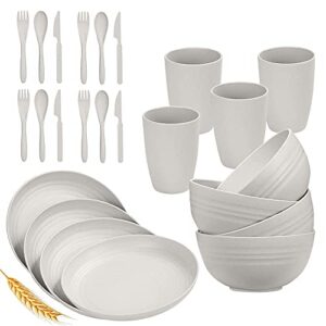 wheat straw dinnerware sets for 4 lightweight & unbreakable dishes microwave & dishwasher safe perfect for camping, picnic, rv, dorm plates, cups and bowls (beige, 24pc set)