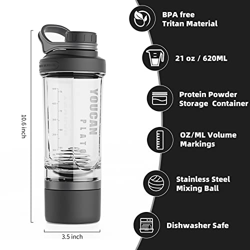 21oz Protein Shaker Bottle with Powder Storage Container-Shaker Cups for Protein Shakes-pre workout bottle-Mixer Cup-Gym Sport Water Bottle -Made with Tritan BPA Free,with Wire Whisk Balls (Black)