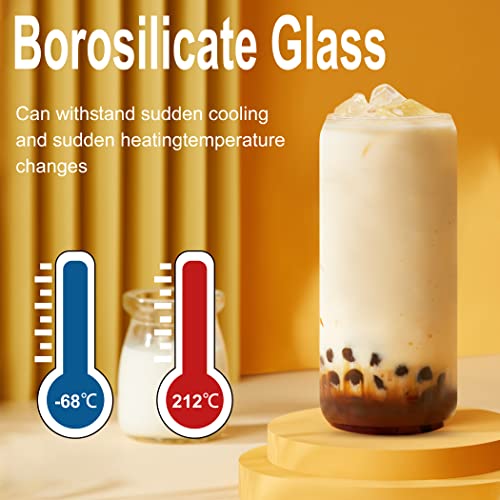 8 Pack 20oz Drinking Glasses Iced Coffee Cups Glass Beer Cups Tumbler Glass with Bamboo Lids and Straws Glasses Cups Can Shaped Glass Gups Large Drinking Can Cups for Smoothies Boba Juice Soda Tea