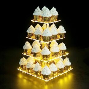olachikko cupcake stand, elegant cupcake holder with brighter yellow led string light, clear 4-tier square acrylic cupcake tower for wedding, birthday, baby shower, party