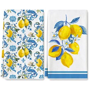 anydesign lemon kitchen dish towel 18 x 28 blue yellow lemon dishcloth watercolor farmhouse lemon decorative hand drying tea towel for spring summer kitchen cooking baking cleaning, 2pcs