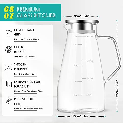 Glass Pitcher with Lid - HIHUOS 68oz Water Pitcher with Precise Scale Line - Easy Clean Heat Resistant Iced Tea Pitcher - Borosilicate Glass Carafe with Free Brush - Premium Gift Box