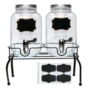1-gallon glass beverage dispenser,accguan drink dispenser with tin lid and leak free spigot,black iron frame,mason drink dispenser for parties, picnics, barbecues and daily,2 pack