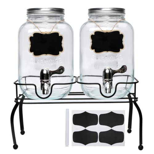 1-Gallon Glass Beverage Dispenser,Accguan Drink Dispenser with Tin Lid and Leak Free Spigot,Black Iron Frame,Mason Drink Dispenser for Parties, Picnics, Barbecues and Daily,2 pack