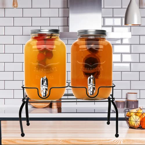 1-Gallon Glass Beverage Dispenser,Accguan Drink Dispenser with Tin Lid and Leak Free Spigot,Black Iron Frame,Mason Drink Dispenser for Parties, Picnics, Barbecues and Daily,2 pack