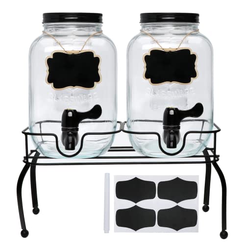 1 Gallon Glass Drink Dispenser with Stand,Glass Beverage Dispenser with Spigot and Fruit Infuser for Parties,Kombucha,Clear Glass Water Lemonade Dispenser,2 Pack