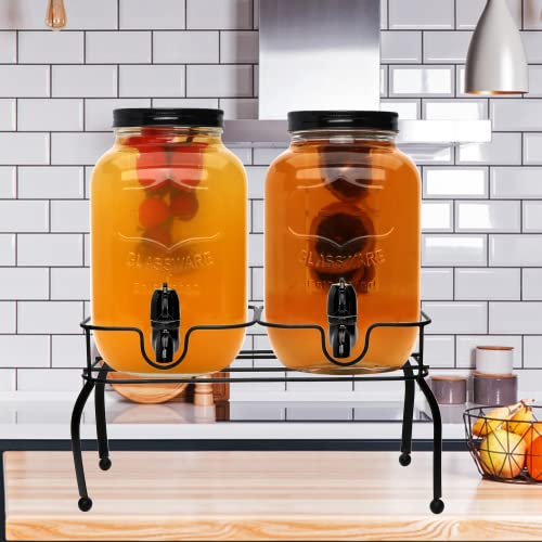 1 Gallon Glass Drink Dispenser with Stand,Glass Beverage Dispenser with Spigot and Fruit Infuser for Parties,Kombucha,Clear Glass Water Lemonade Dispenser,2 Pack