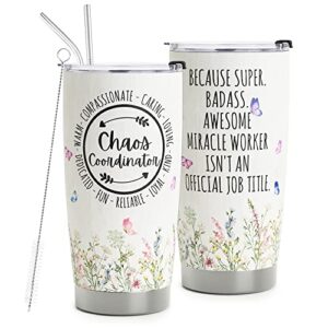 homisbes chaos coordinator gifts - chaos coordinator travel mug with straw for mom coworker boss manager employee - stainless steel tumbler cup 20oz