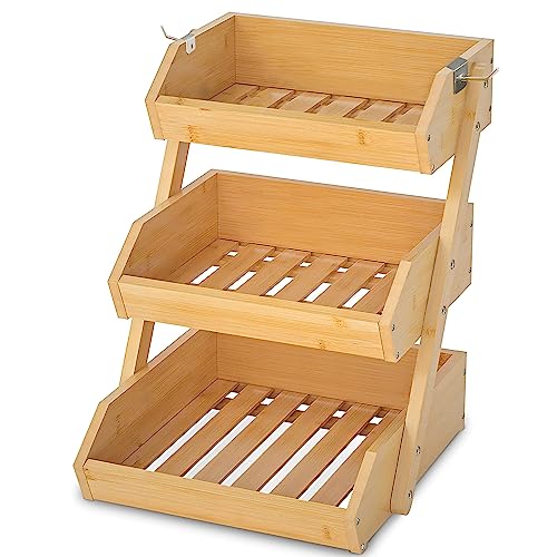 GET SORTED Bamboo Fruit Basket 3 Tier — 33+ Lbs Capacity, 12mm Thickness, Raised Bottom & 2 Hooks — Ideal for Bread, Toiletries, Snacks, Seasonings - Fruit Bowl for Kitchen Counter, Dining Table, etc