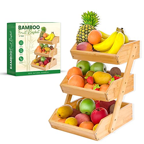 GET SORTED Bamboo Fruit Basket 3 Tier — 33+ Lbs Capacity, 12mm Thickness, Raised Bottom & 2 Hooks — Ideal for Bread, Toiletries, Snacks, Seasonings - Fruit Bowl for Kitchen Counter, Dining Table, etc