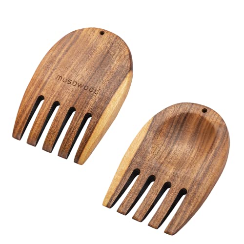 Muso Wood Acacia Salad Hands, Wooden Salad Tongs for Serving Salad Mixes, Set for Serving Salad Fruit on Your Kitchen Counter, 5.12" x 3.62" x 0.39", One Pair