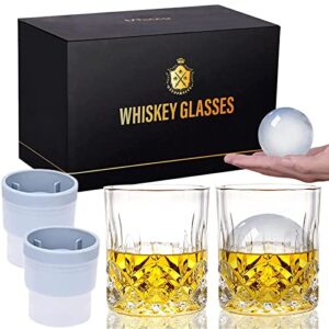 qipecedm old fashioned whiskey glasses, set of 4 (2 crystal bourbon glasses, 2 round big ice ball molds) in gift box - 11 oz rocks glass, barware for scotch cocktail rum vodka liquor, gifts for men