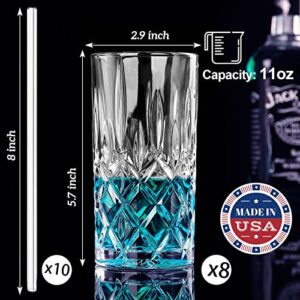 Claplante Crystal Highball Glasses, Set of 8 Glass Drinking Glasses, 11 oz Durable Drinkware Cups for Cocktails, Water, Juice, Beer, Wine-Special Edition Glassware Set, Dishware, Dishwasher Safe