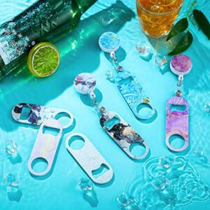 6 Pcs Flat Bottle Opener Retractable Flat Beer Bottle Opener with Belt Clip Stainless Steel Beer Opener with Round Badge Reel for Bartender Tool Can Wine Home Restaurant Kitchen Party (Marble Style)