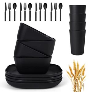afcevnlb 24 piece wheat straw square dinnerware sets for 4, unbreakable dinner plates and bowls sets for camping party grill (black)