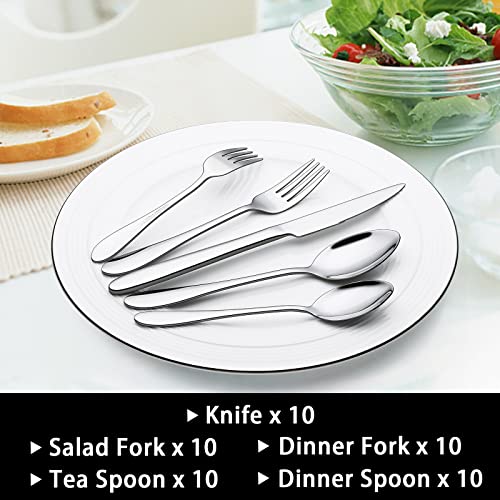 50-Piece Silverware Set, Stainless Steel Flatware Set for 10, Food-Grade Tableware Cutlery Set, Utensil Sets for Home Restaurant, Mirror Finish, Dishwasher Safe