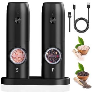 electric salt and pepper grinder set rechargeable with charging base, automatic salt and pepper mill set with adjustable coarseness and led light (black)