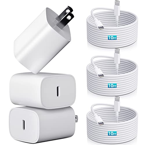 3-Pack iPhone 14 13 12 11 Fast Charger [Apple MFi Certified] 10FT iPhone Fast Charging 20W PD USB C Wall Charger Block USB C to Lightning Cable Fast Chargers for iPhone 14Pro/13Pro/12 Pro/11Pro/XS/XR