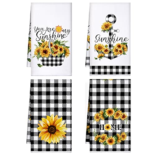 Bencailor 4 Pcs Sunflower Kitchen Towels Decorative Dish Towels Funny Hand Towel Absorbent Kitchen Cloths Buffalo Plaid Tea Towels Housewarming Gifts 16 x 24 Inch (Plaid, Yellow, Sunflower)