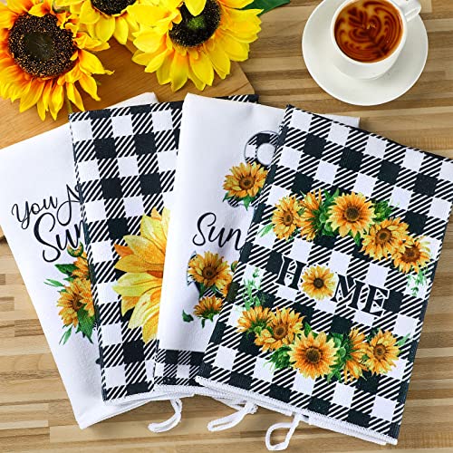 Bencailor 4 Pcs Sunflower Kitchen Towels Decorative Dish Towels Funny Hand Towel Absorbent Kitchen Cloths Buffalo Plaid Tea Towels Housewarming Gifts 16 x 24 Inch (Plaid, Yellow, Sunflower)