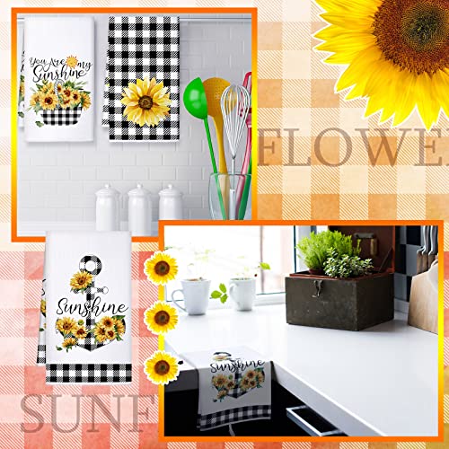 Bencailor 4 Pcs Sunflower Kitchen Towels Decorative Dish Towels Funny Hand Towel Absorbent Kitchen Cloths Buffalo Plaid Tea Towels Housewarming Gifts 16 x 24 Inch (Plaid, Yellow, Sunflower)