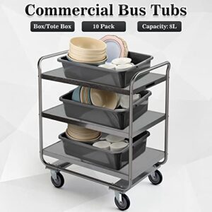 10 Pcs Commercial Bus Tubs 8 Liter Dish Bus Tubs Box Plastic Tub for Storage Wash Container, Gray