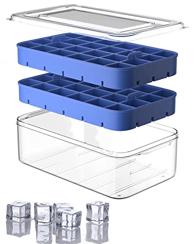 Ice Cube Tray with Lid and Bin, ROTTAY Ice Trays for Freezer, Easy-release 48 Small Nugget Silicone Ice maker with Ice Bucket, Ice Cube Storage Container Set for Chilled Drink and Smoothie, Blue