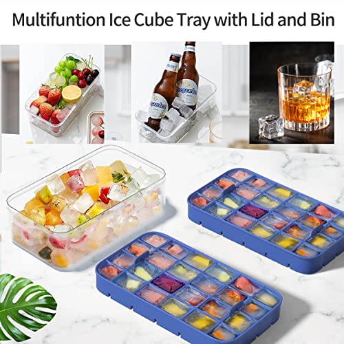 Ice Cube Tray with Lid and Bin, ROTTAY Ice Trays for Freezer, Easy-release 48 Small Nugget Silicone Ice maker with Ice Bucket, Ice Cube Storage Container Set for Chilled Drink and Smoothie, Blue