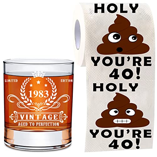 40th Birthday Gifts for Men-2 PCS 40th Birthday Gift Set,1983 Whiskey Glass&40th Birthday Toilet Paper,40th Birthday Aged to Perfection gifts for Dad,Husband,Friend,Boss 40th Birthday Gifts Set