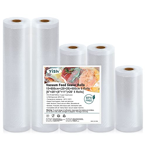 Food Vacuum Sealer Bags Rolls: 6"x20'x1Rolls and 8"x20'x2Rolls and 11"x20'x2Rolls Total 5 Pack Vacuum Sealer Rolls By YISH, Ideal for Food Saver, Seal a Meal, Great for Food Vac Storage or Sous Vide