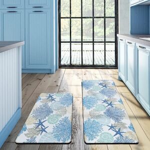 tritard coastal anti fatigue kitchen mat rug set of 2 piece beach themed cushioned kitchen mats for floor waterproof non slip kitchen rugs runner for office sink laundry, blue, 17.3" x 28"+17.3" x 47"
