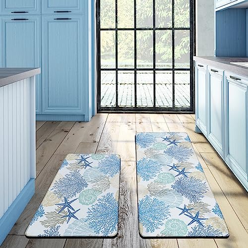 Tritard Coastal Anti Fatigue Kitchen Mat Rug Set of 2 Piece Beach Themed Cushioned Kitchen Mats for floor Waterproof Non Slip Kitchen Rugs Runner for Office Sink Laundry, Blue, 17.3" x 28"+17.3" x 47"