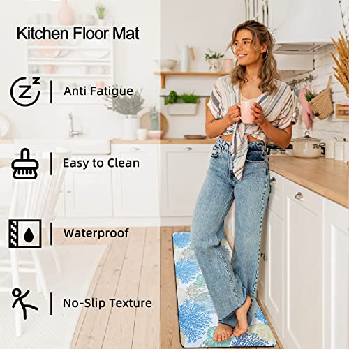 Tritard Coastal Anti Fatigue Kitchen Mat Rug Set of 2 Piece Beach Themed Cushioned Kitchen Mats for floor Waterproof Non Slip Kitchen Rugs Runner for Office Sink Laundry, Blue, 17.3" x 28"+17.3" x 47"