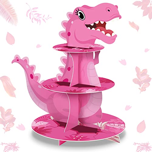 3 Tier Dinosaur Cupcake Stand Party Decorations Dinosaur Theme Cupcake Holder Decorations Dinosaur Dessert Tower for Kids Boys Jungle Dinosaur Theme Party Birthday Supplies (Pink)