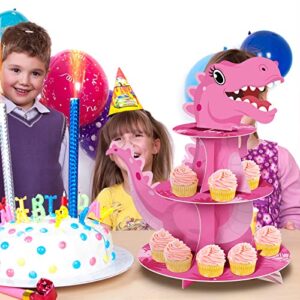 3 Tier Dinosaur Cupcake Stand Party Decorations Dinosaur Theme Cupcake Holder Decorations Dinosaur Dessert Tower for Kids Boys Jungle Dinosaur Theme Party Birthday Supplies (Pink)