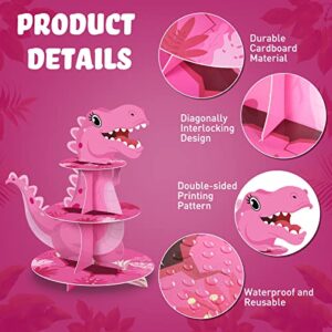 3 Tier Dinosaur Cupcake Stand Party Decorations Dinosaur Theme Cupcake Holder Decorations Dinosaur Dessert Tower for Kids Boys Jungle Dinosaur Theme Party Birthday Supplies (Pink)
