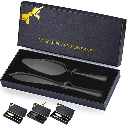 Black Cake Cutting Set with Luxury Gift Box，Stainless Steel Black Cake Pie Pastry Servers, Black Cake Serving Set, Elegant Cake Knife and Server Set Perfect For Wedding, Birthday, Parties and Events.