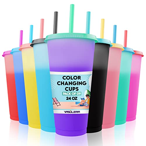 VASOLERIA Color Changing Cups with Lids and Straws 9pcs, 24Oz - Reusable Cups with Lids in 9 Multiple Colors - Perfect for Cold Coffee, Smoothie – Bonus 2 Cup Cleaning Brush & 2 Straw Cleaning Brushes