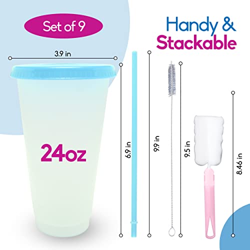 VASOLERIA Color Changing Cups with Lids and Straws 9pcs, 24Oz - Reusable Cups with Lids in 9 Multiple Colors - Perfect for Cold Coffee, Smoothie – Bonus 2 Cup Cleaning Brush & 2 Straw Cleaning Brushes