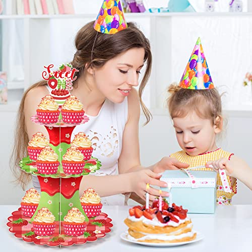 Rtteri 3 Tier Strawberry Themed Party Cupcake Stand Decorations Berry First Birthday Cupcake Holder Decor Summer Fruit Dessert Tower for Kids Girl Baby Shower Sweet 1st Birthday Party Supplies